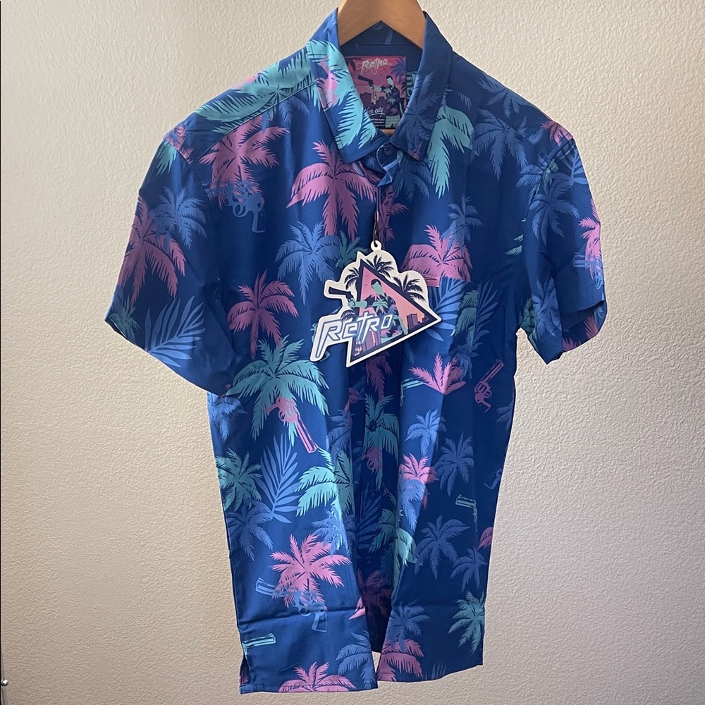 Retro Rifle Men's Blue Tropical Palm Print Casual Button-Down Shirt